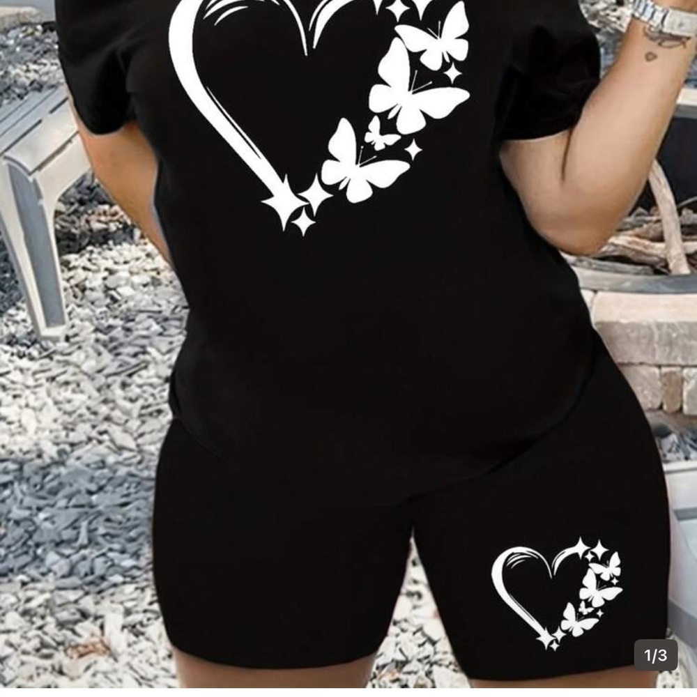Black Two-Piece Set with White Heart & Butterfly Print